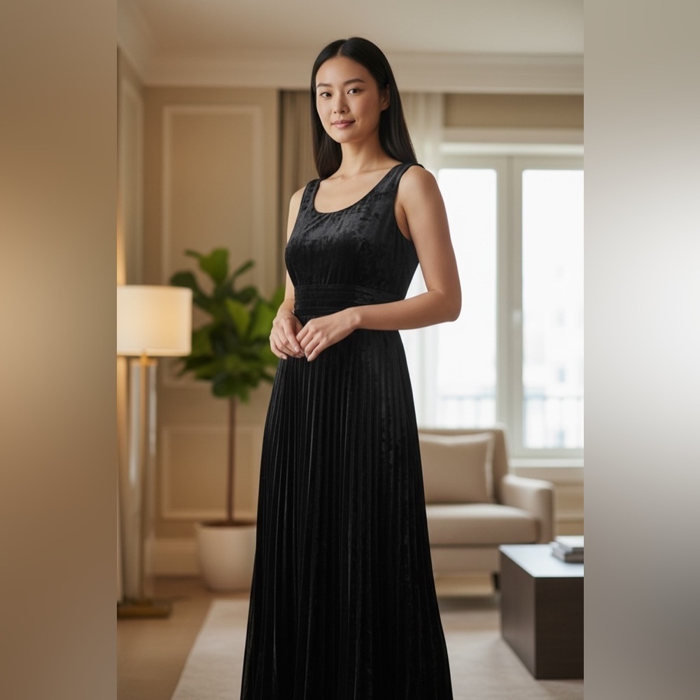 Tahari Velvet Silk Blend Sleeveless Crinkle Pleated Maxi Formal Dress Size 12